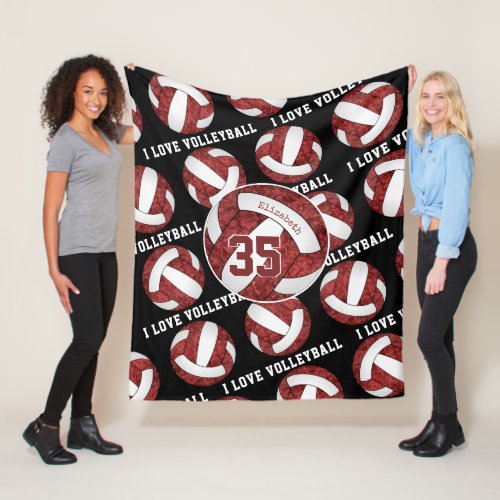 maroon white I love volleyball pattern girls Fleece Blanket