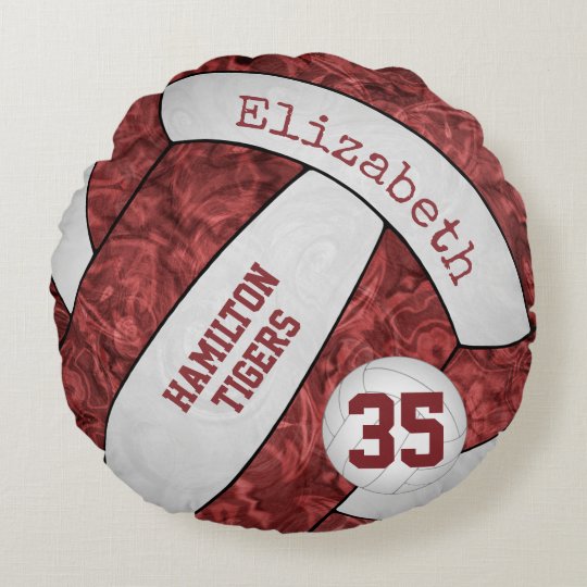 maroon white personalized girls' volleyball round pillow | Zazzle.com