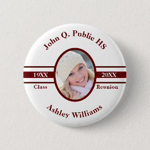 Maroon White School Class Reunion Photo Name Button
