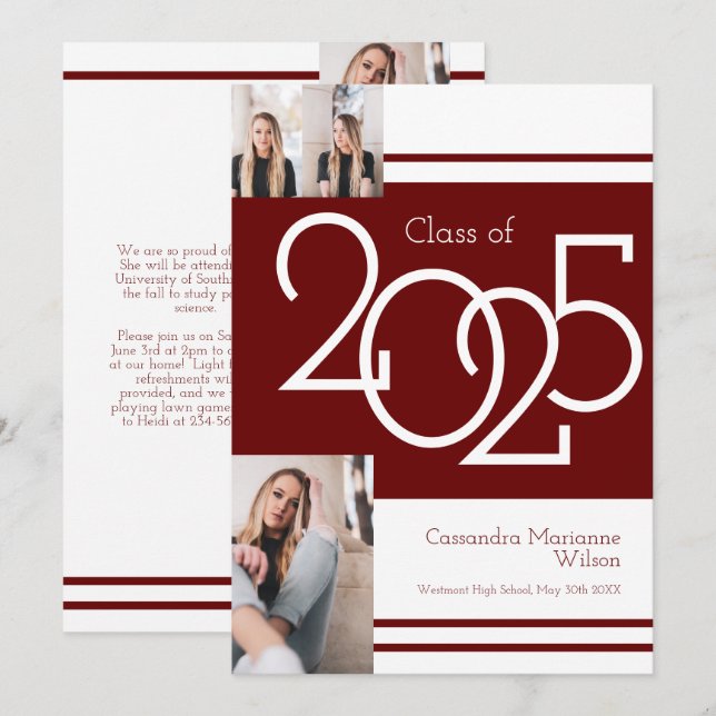 Maroon White School Colors Graduation Announcement (Front/Back)