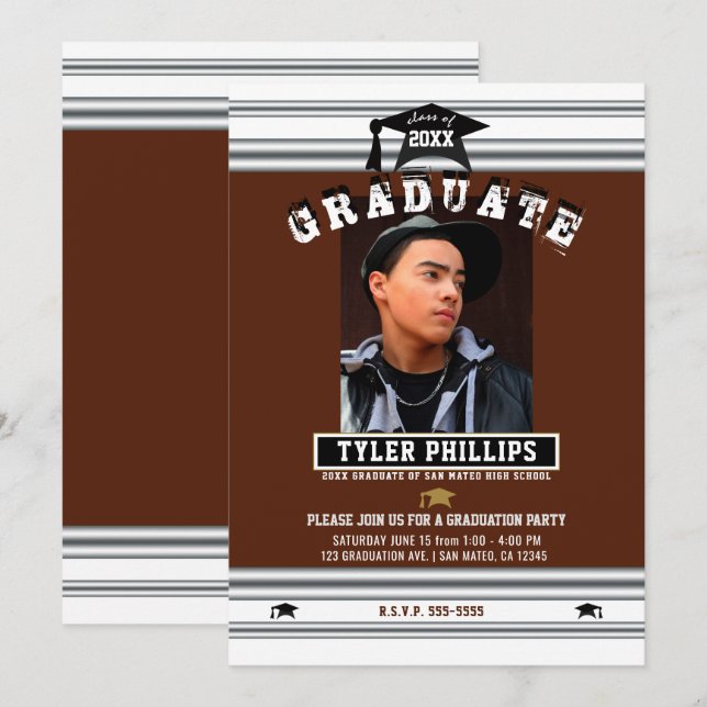 Maroon White & Silver Graduation Photo Party  Invitation (Front/Back)