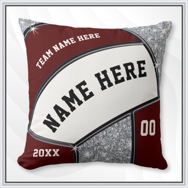 Maroon, White, Silver Volleyball Team Gift Ideas Throw Pillow (Personalized Volleyball Gifts. Volleyball senior night gift ideas. Volleyball team gifts for girls. )