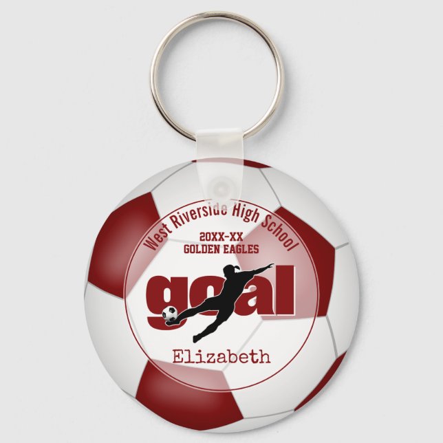 maroon white soccer ball goal girls' team spirit keychain (Front)