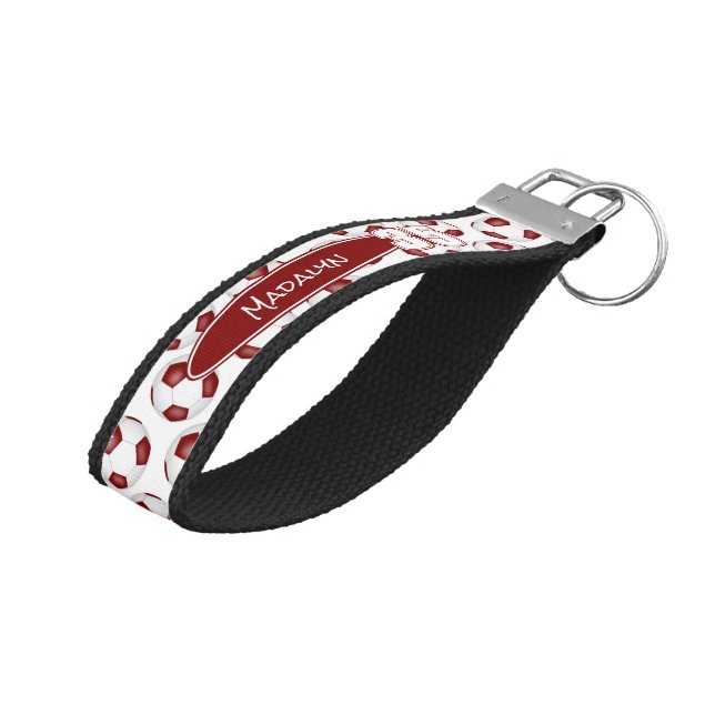 maroon white soccer balls athlete name wrist keychain (Angled Up)