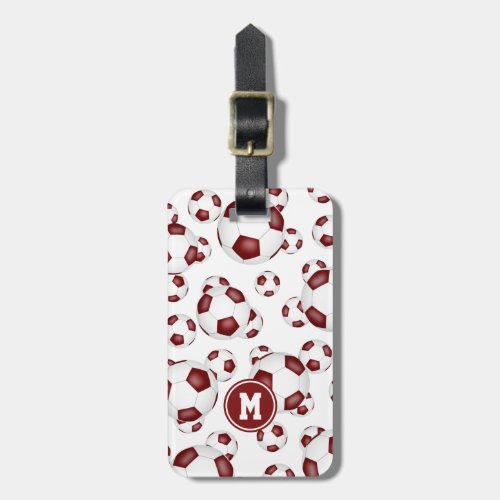 maroon white soccer balls sports pattern luggage tag