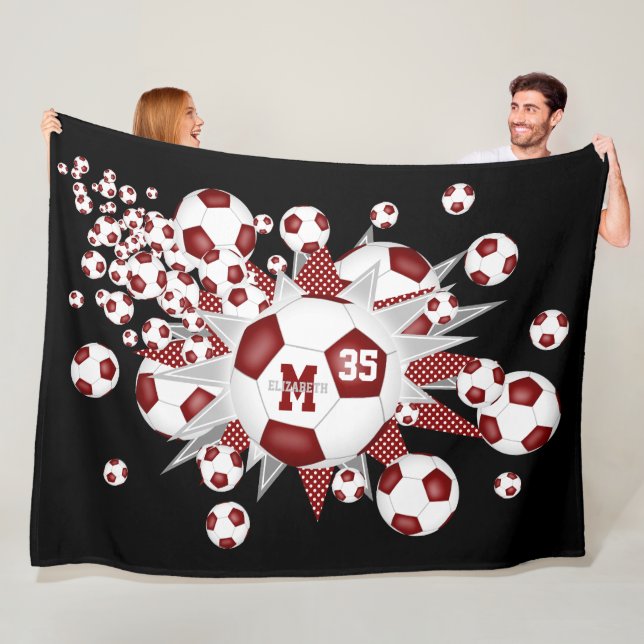 maroon white soccer balls stars girls name fleece blanket (In Situ)