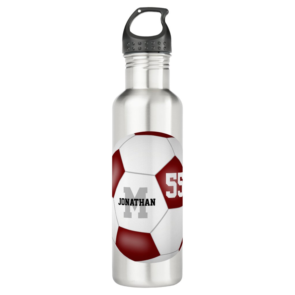 maroon white soccer boy girl name jersey number water bottle