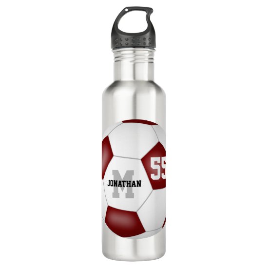 maroon white soccer boy girl name jersey number stainless steel water bottle