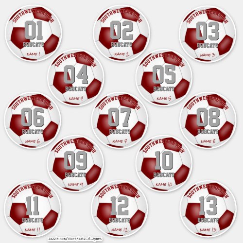 Maroon white soccer team colors gifts set of 13 sticker