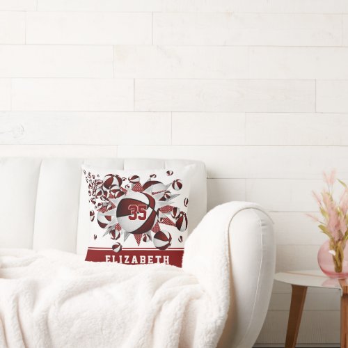 maroon white sports room girls basketballs stars throw pillow