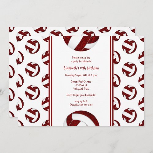 maroon white sporty girl volleyball birthday party invitation