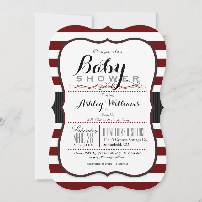 Maroon & White Stripes; Elegant Baby Shower Invitation (Front)