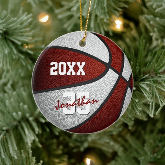 maroon white team colors boys girls basketball ceramic ornament