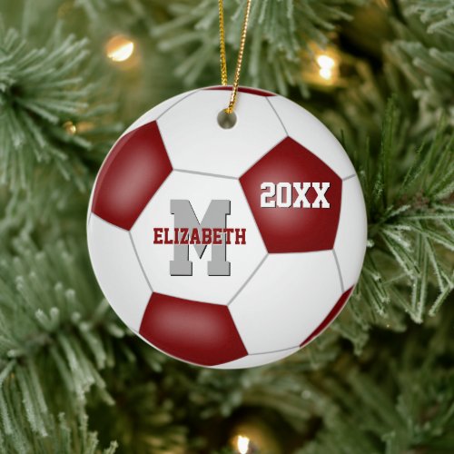 maroon white team colors girls boys soccer ceramic ornament