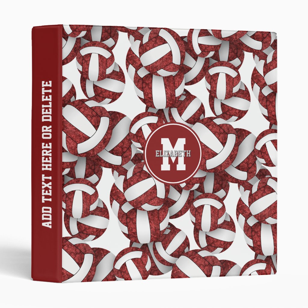 maroon white team colors girly volleyball 3 ring binder