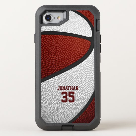 maroon white team colors personalized basketball OtterBox defender iPhone SE/8/7 case
