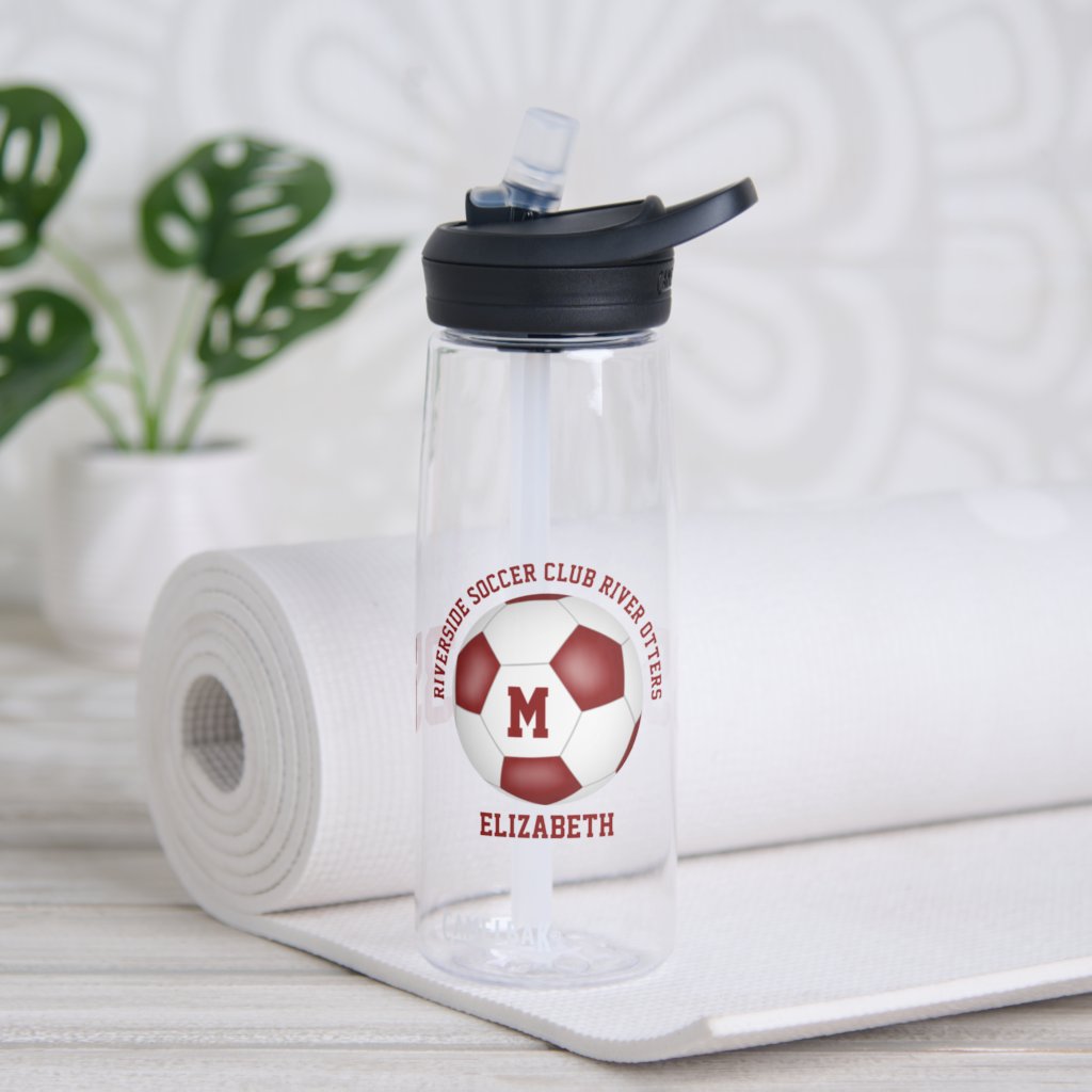 maroon white team colors personalized soccer water bottle