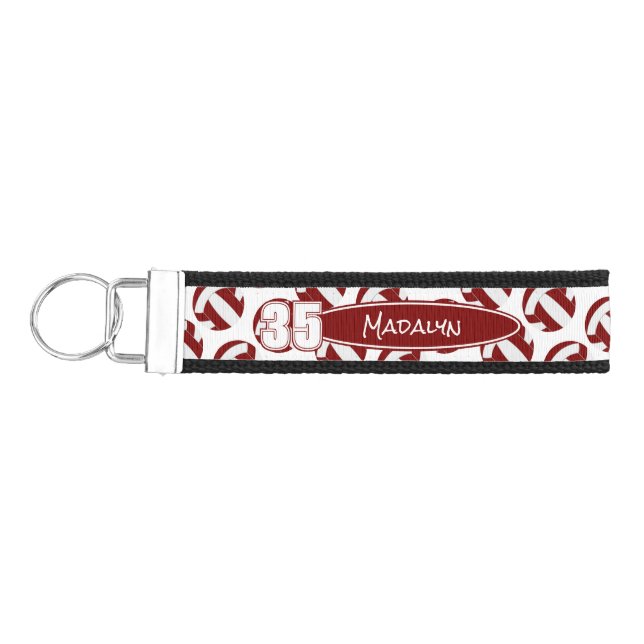 maroon white volleyballs athlete name wrist keychain (Keys on Left)