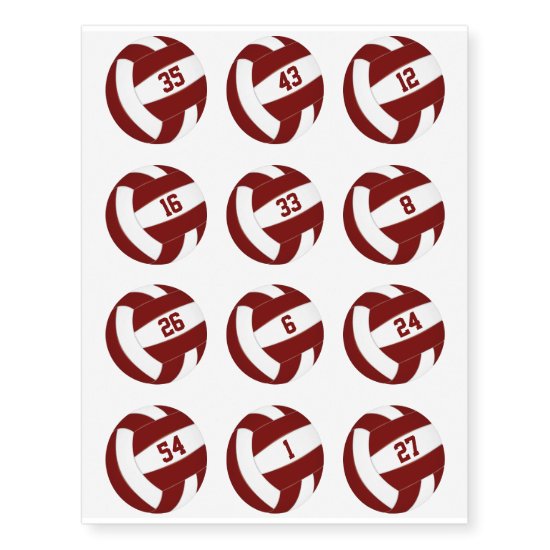 maroon white volleyballs w jersey numbers set 12 temporary tattoos