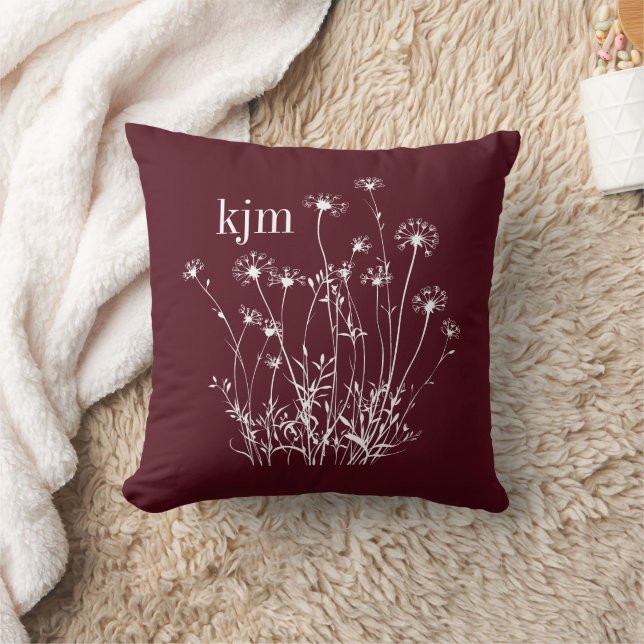 Maroon & White Wildflowers Monogram Throw Pillow (Blanket)