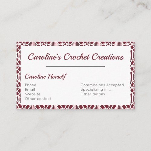 Maroon With White Crochet Lace Pattern Business Card
