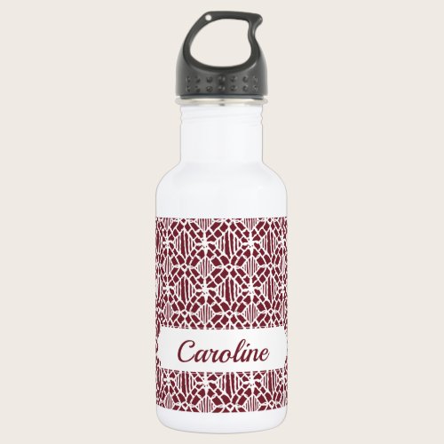 Maroon With White Crochet Lace Pattern Stainless Steel Water Bottle