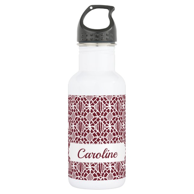 Maroon With White Crochet Lace Pattern Stainless Steel Water Bottle (Front)