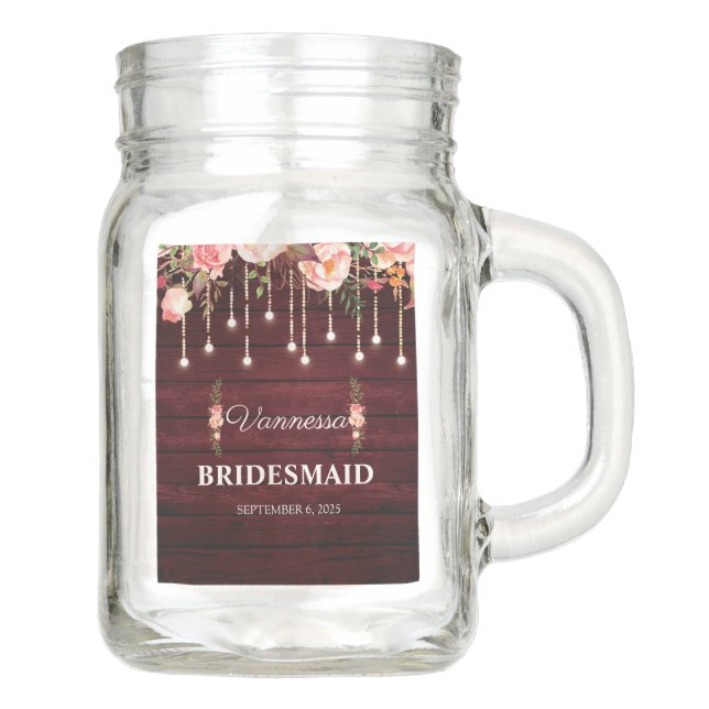 Maroon Wooden Rustic Wedding Bridesmaid Fovors Mason Jar (Front)