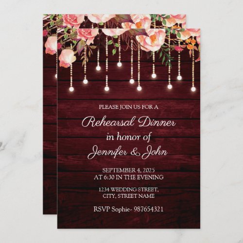 Maroon Wooden Rustic Wedding Rehearsal Dinner Invitation