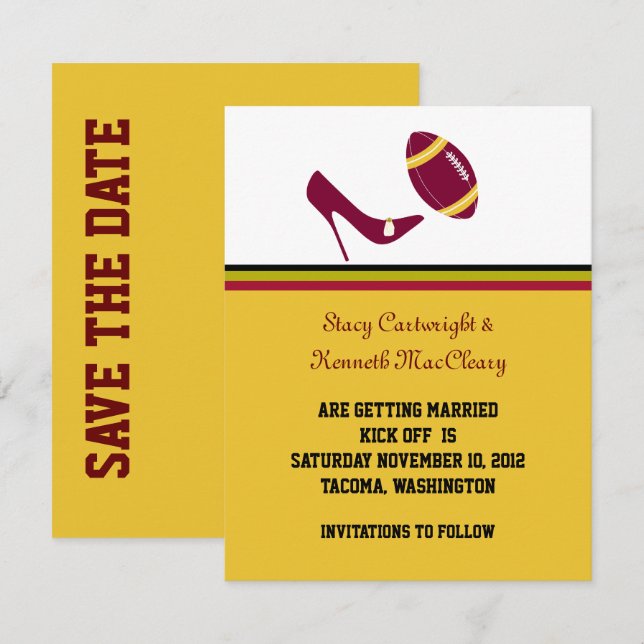 Maroon & Yellow Football Wedding Save The Date Invitation (Front/Back)