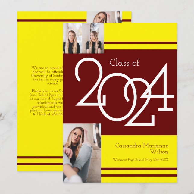 Maroon Yellow School Color Graduation Announcement (Front/Back)