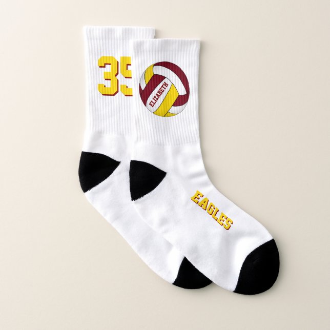 maroon yellow team colors fun girls volleyball socks (Pair)
