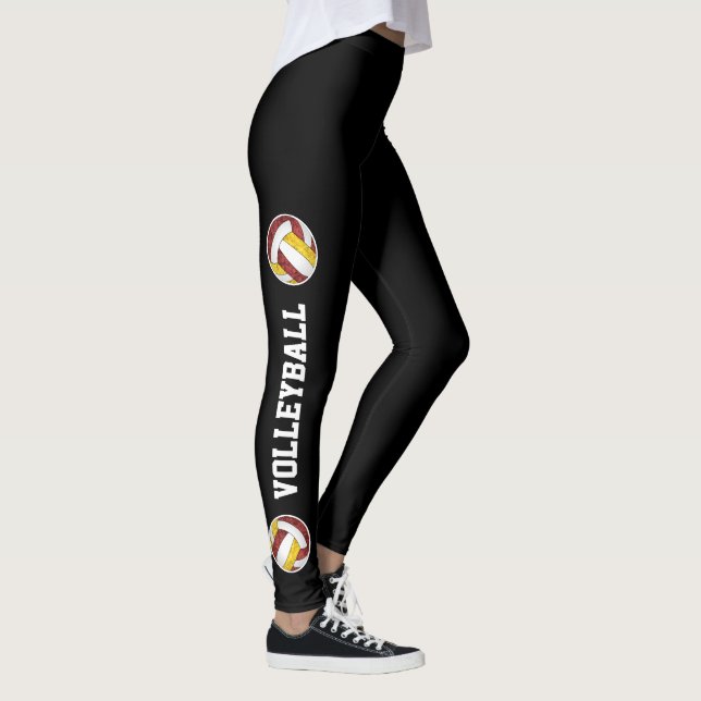 maroon yellow volleyballs text on leg girls leggings (Right)