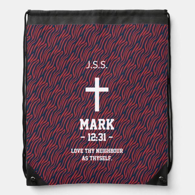 Maroon Zebra Stripes Pattern Bible Verse Christian Drawstring Bag (Front)