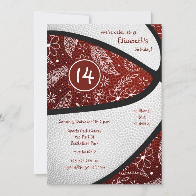 marooon boho feathers paislies basketball party invitation (Front)