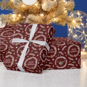 Marooon Longhorn Bull in Christmas Wreath Wrapping Paper