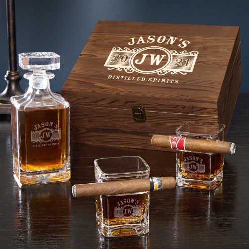 Marquee Engraved Whiskey Glass Box Set w Decanter