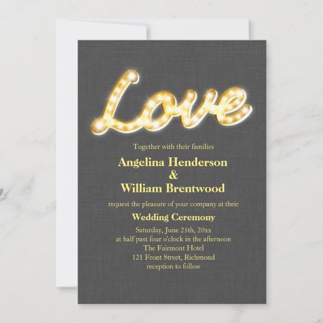 Marquee Lights Wedding Invite Gray Burlap (Front)