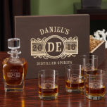 Marquee Mongram Decanter Set and Whiskey Glasses<br><div class="desc">Not only is each item crafted with premium craftsmanship, each glass and gift box, is engraved with our vintage inspired Marquee design that features the name, initials, year, and phrase of your choice. Eastham whiskey glasses measure 4.5 tall and can hold 10 ounces. Draper decanter measures 4 x 3 x...</div>