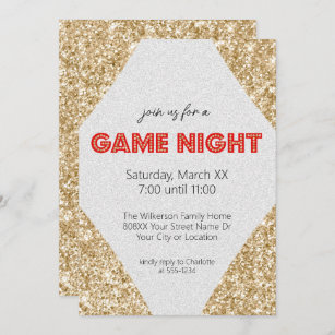 Marquee Sign on Gold Glitter Game Night Party Invitation