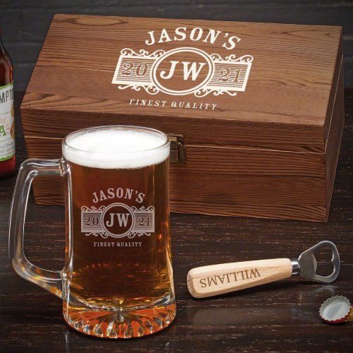 Marquee Wooden Box With Bottle Opener  Beer Mug