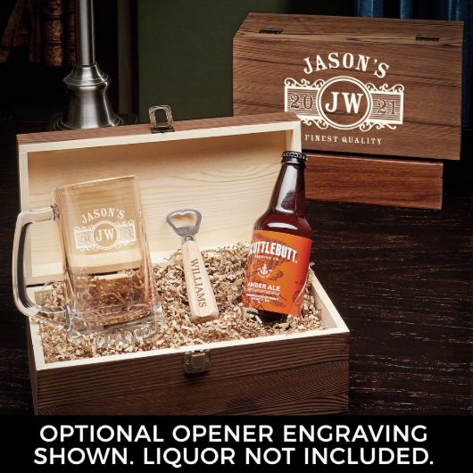 Marquee Wooden Box With Bottle Opener & Beer Mug (Front)
