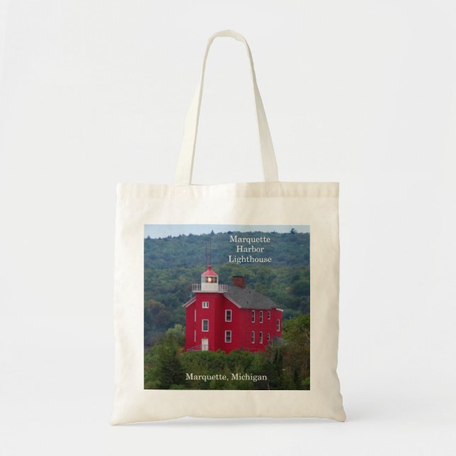 Marquette Harbor Lighthouse from water tote bag (Front)