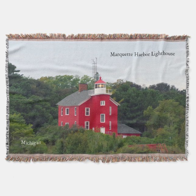 Marquette Harbor Lighthouse woven blanket (Front)