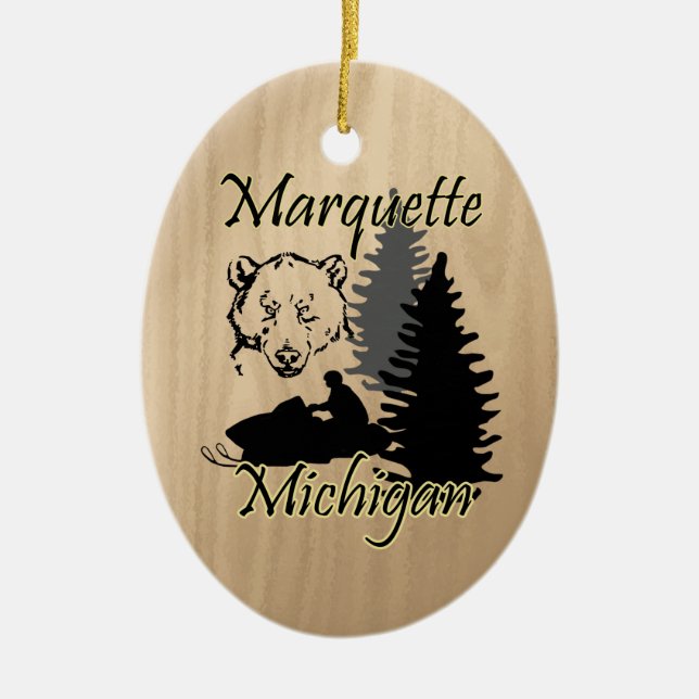 Marquette Michigan Snowmobile Bear Ceramic Ceramic Ornament (Front)