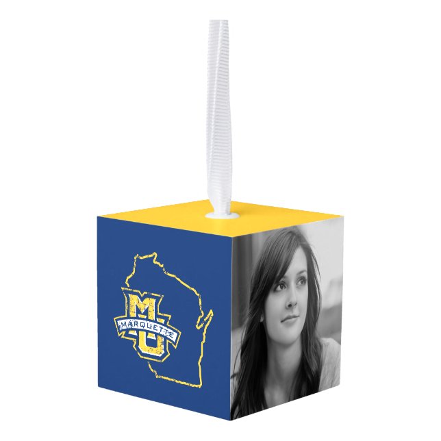 Marquette University State Love Cube Ornament (Back Angled)