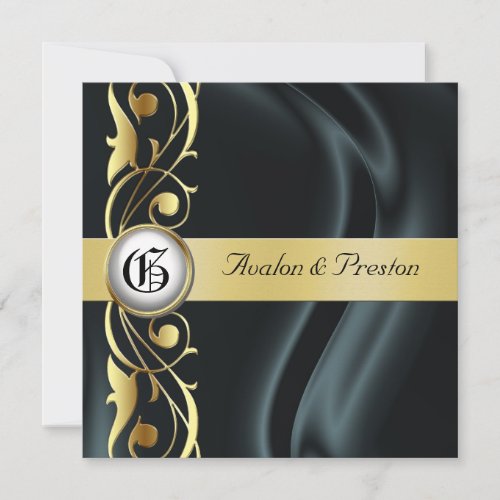 Marquis Black Silk Gold Scroll Pearl Invitation