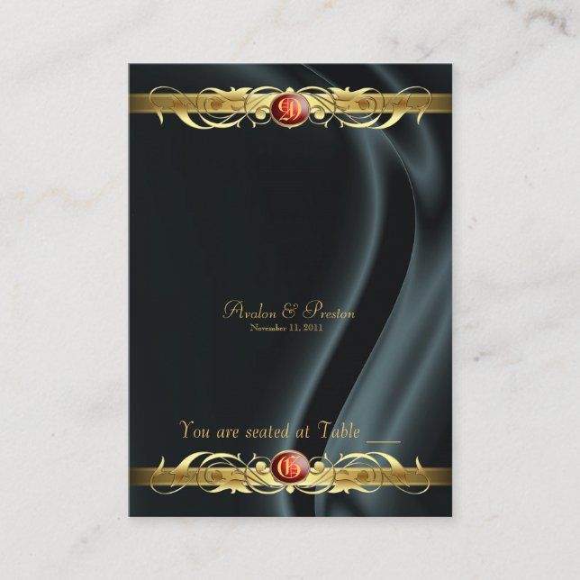 Marquis Black Silk Gold Scroll Ruby Placecard (Front)
