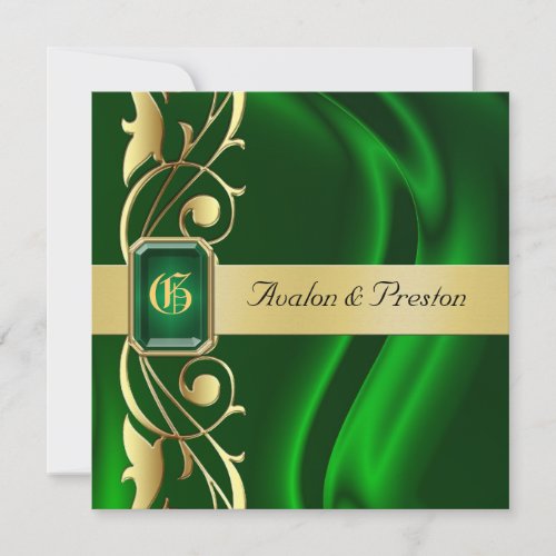 Marquis Green Silk Gold Scroll Emerald Invitation