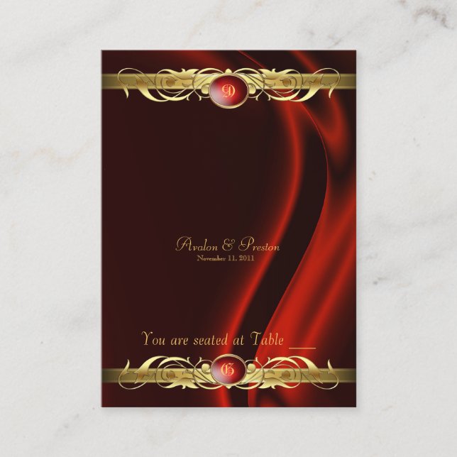 Marquis Red Silk Gold Scroll Table Placecard (Front)